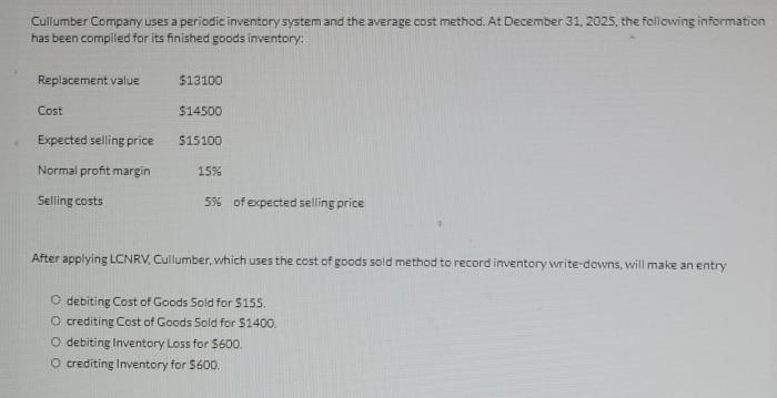 Cullumber company uses a periodic inventory system